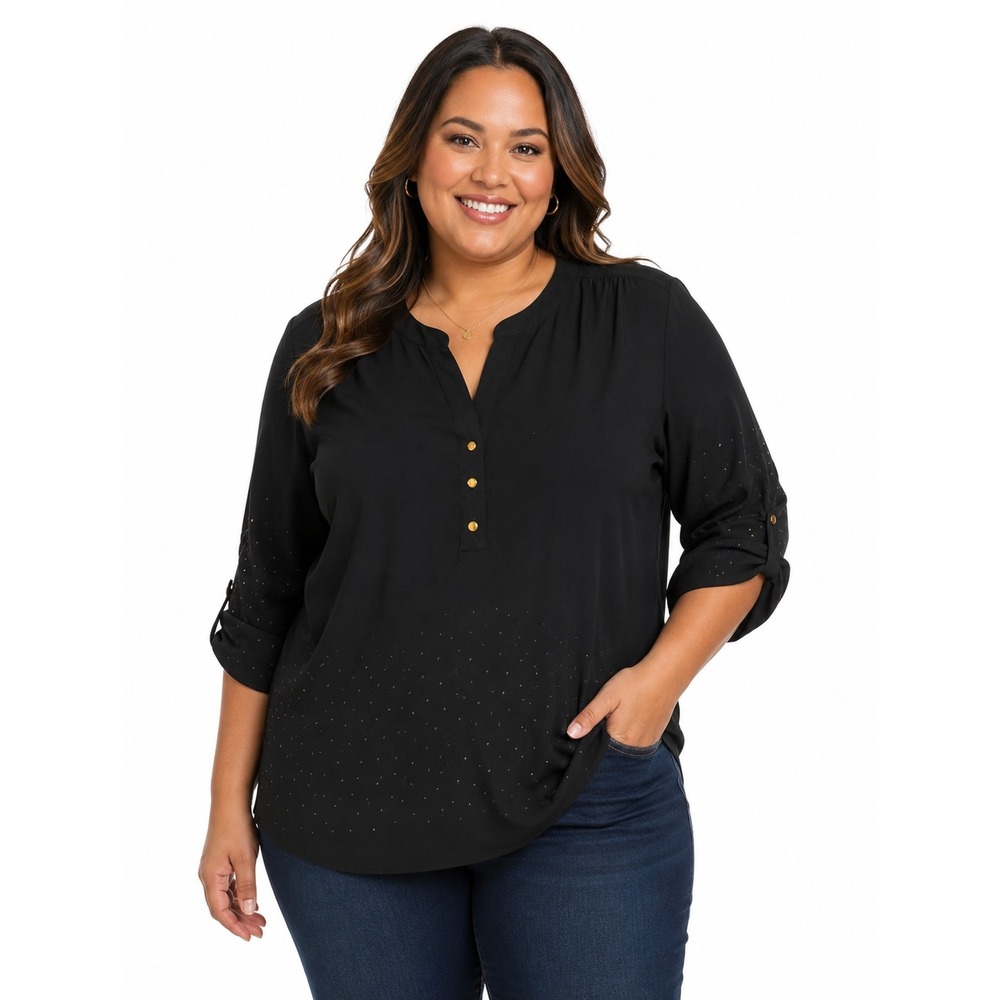 Zac & Rachel Woman Black Gold Foil Dot Roll Tab‎ Sleeve Blouse 2X Split Neck Top